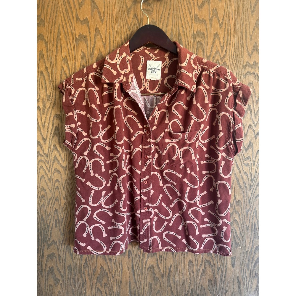 Cotton Rye Outfitters Horseshoe Print Button Down Shirt Rust Western Small
